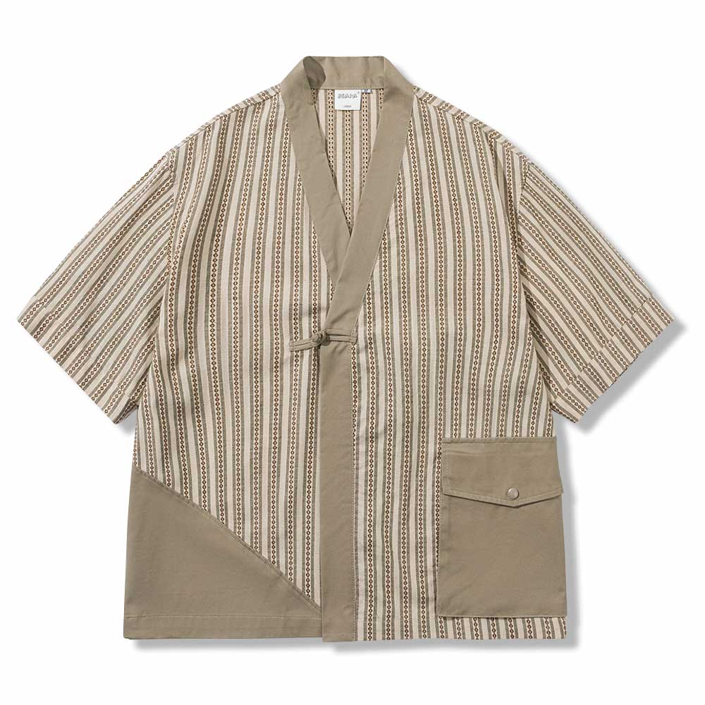 レトロ風ジオメトリックストライプニットシャツ半纏風