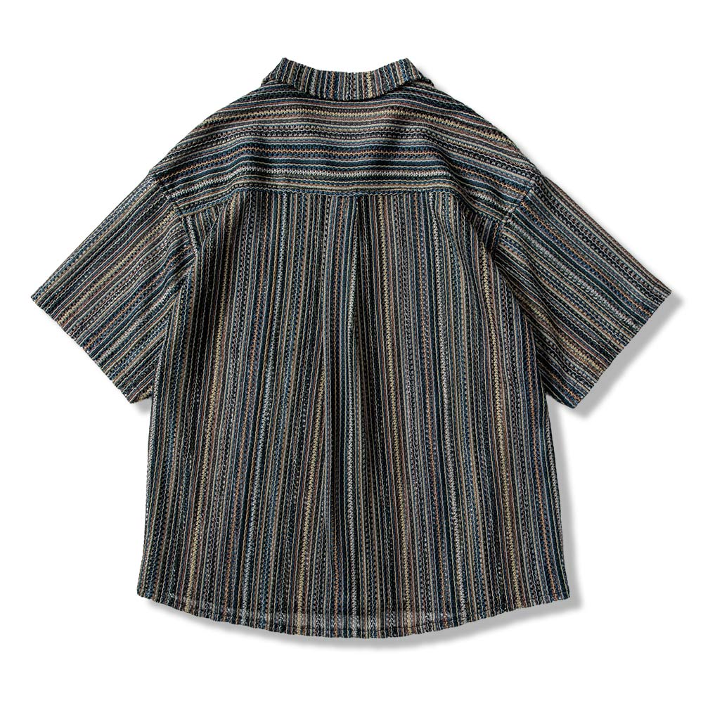 日系レトロ民族風ストライプ透かし柄半袖シャツ