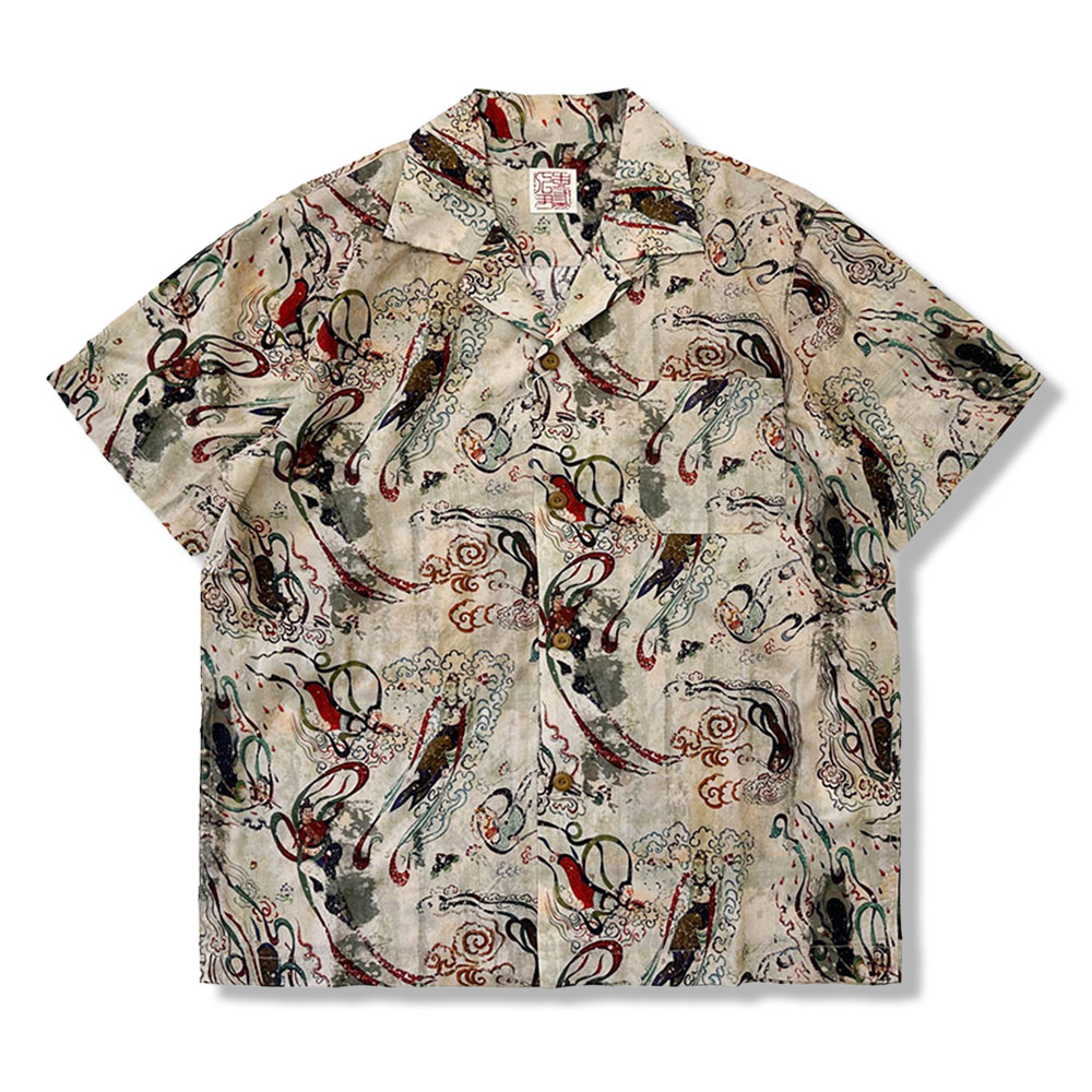 「敦煌飛天」柄リヨセル半袖アロハシャツ