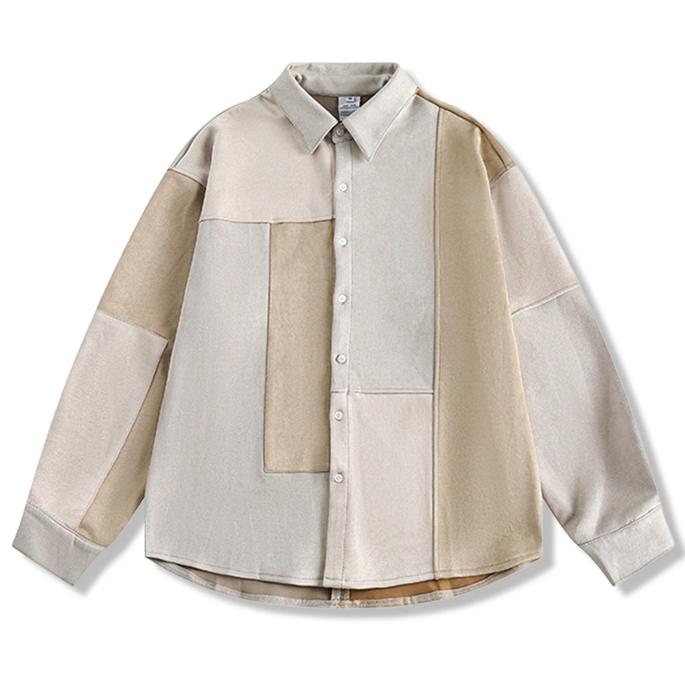 不規則なスエード配色切り替えパッチワーク長袖シャツ
