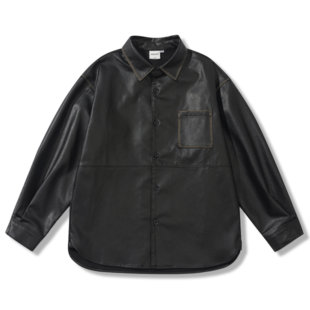 アメカジ　アンティーク風レザー長袖シャツ
