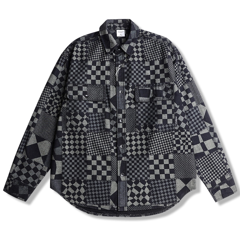 市松模様和風パッチワークデニムシャツ