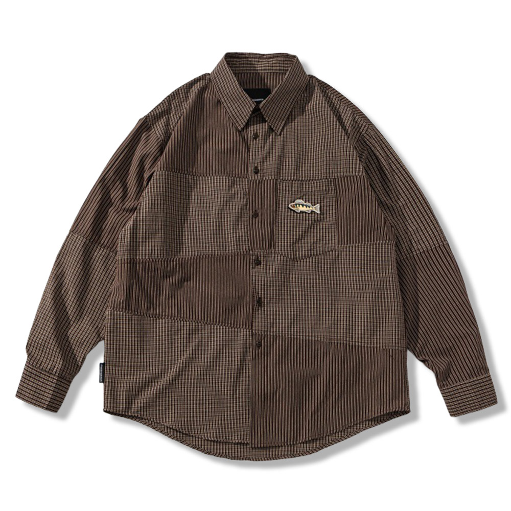 レトロ先染めチェック 　魚マジックテープ長袖シャツ