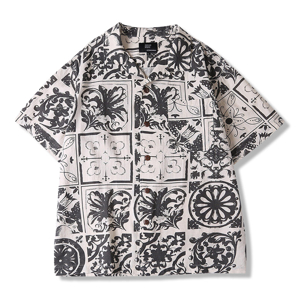 ヨーロピアンクラシック装飾アート風　ヴィンテージタイル柄 半袖シャツ