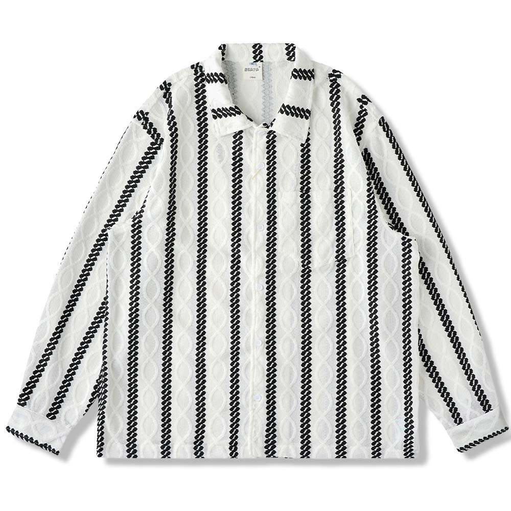 レトロエスニック調ジャカード　ストライプ長袖シャツ