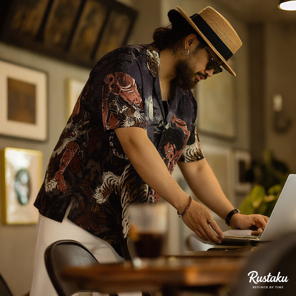 「水滸伝・武松の虎退治」浮世絵タッチ クールタッチキューバカラーシャツ半袖