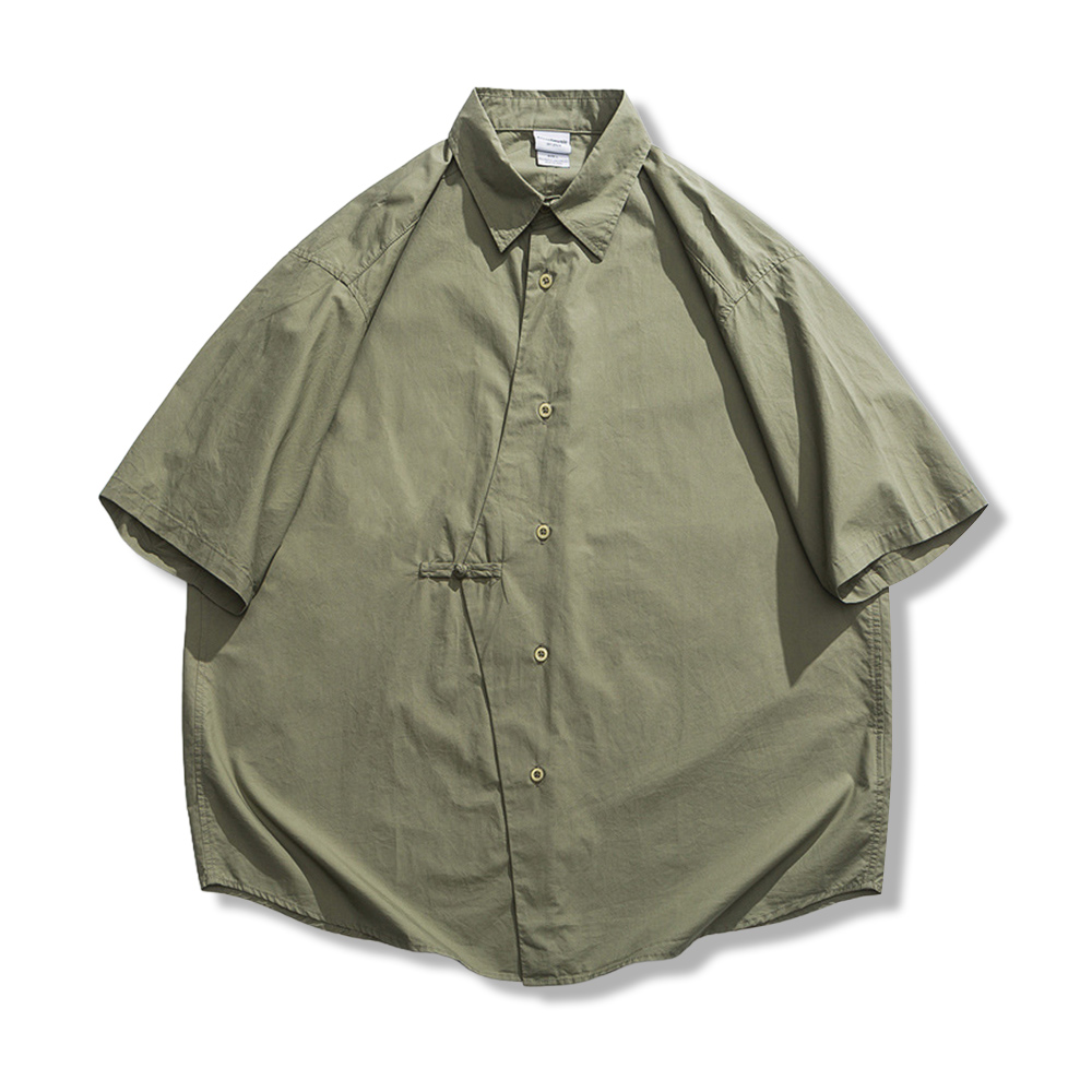 2色展開　無地斜め前立てチャイナボタン半袖シャツ