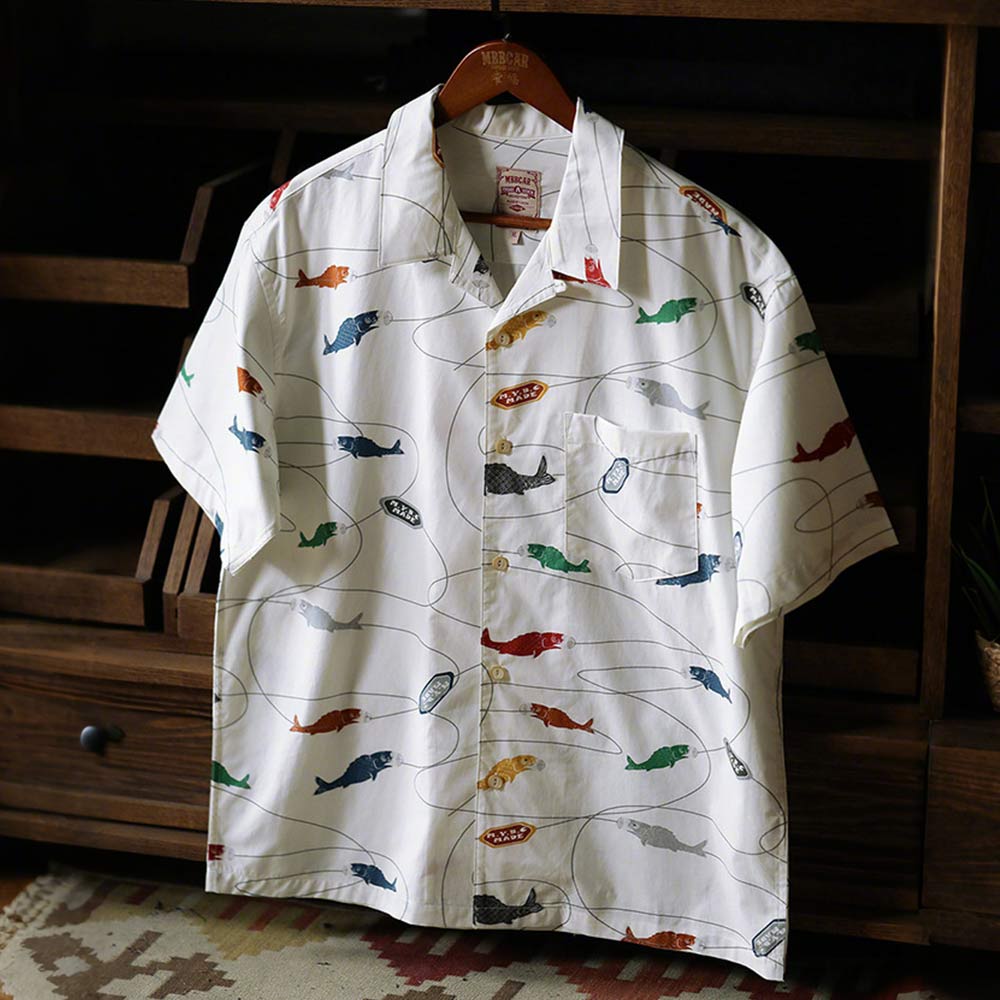 「魚」テンセル総柄半袖アロハシャツ