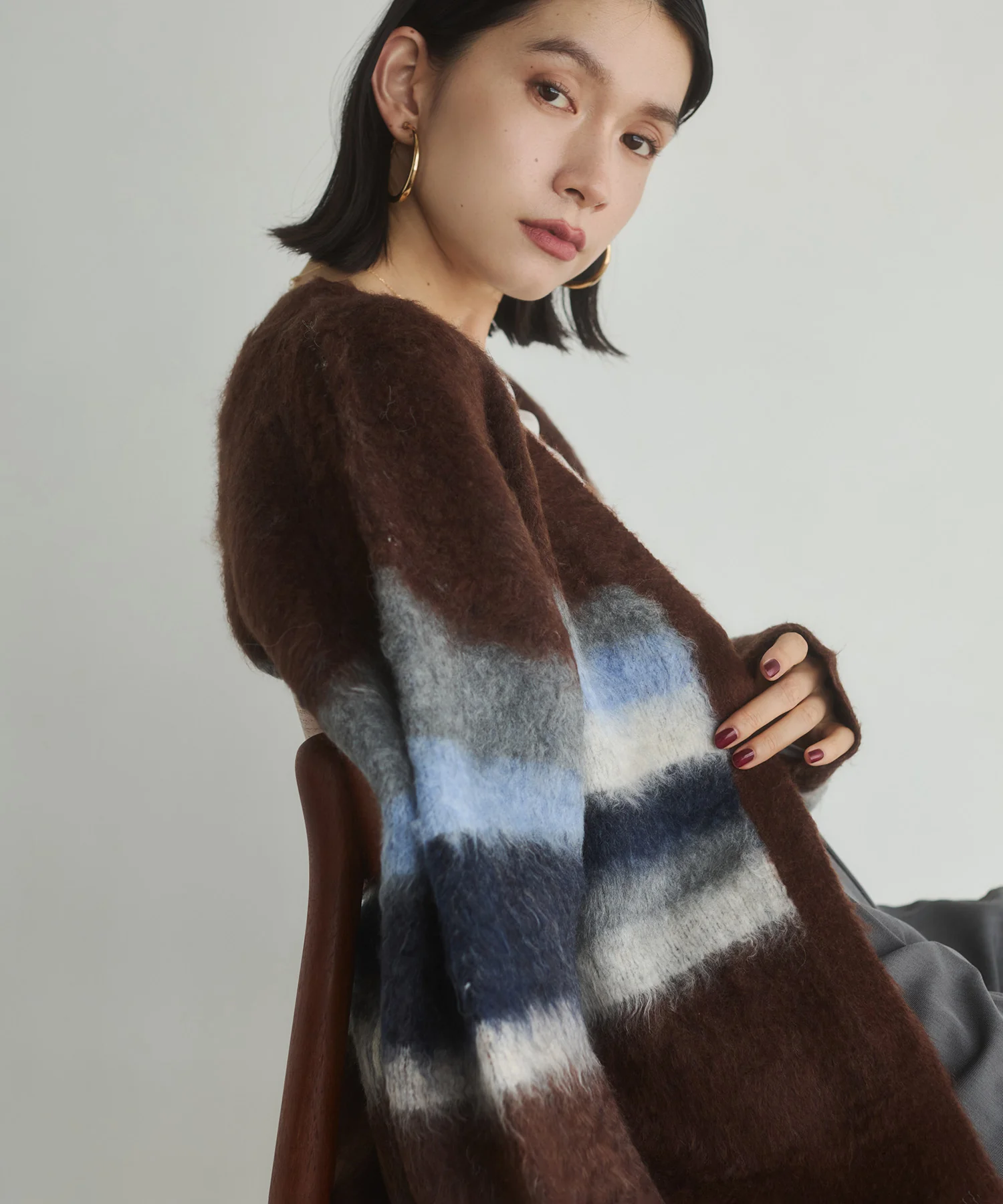 起毛シャギー ボーダーニットカーディガン