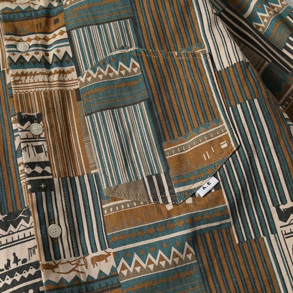 襤褸風エスニック柄パッチワークプリント　長袖シャツ