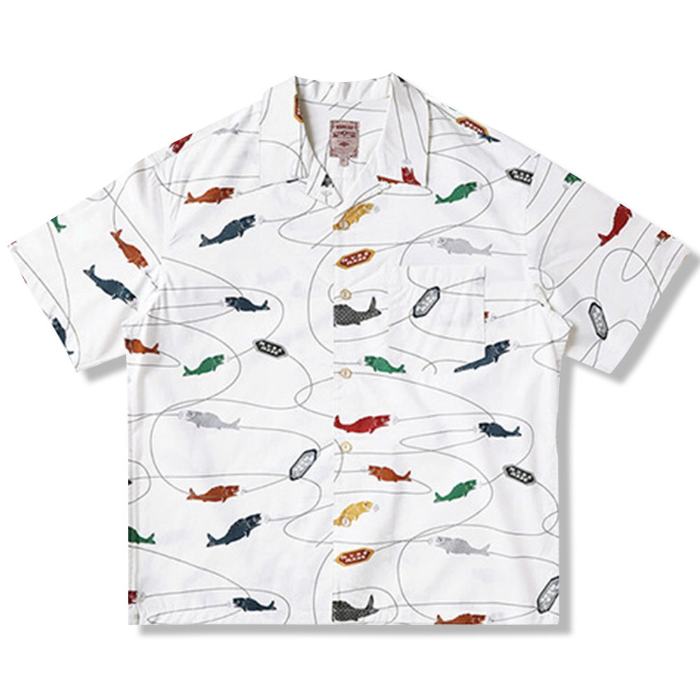 「魚」テンセル総柄半袖アロハシャツ
