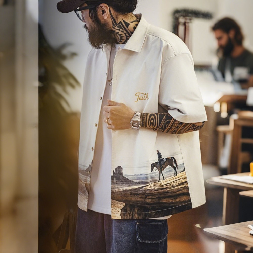 「モニュメントバレー・ライダー」軽量チェーンステッチ刺繍折り襟シャツ