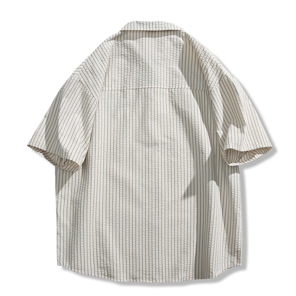 アメリカヴィンテージ　刺繍ワッペン付きシアサッカーストライプ開襟シャツ