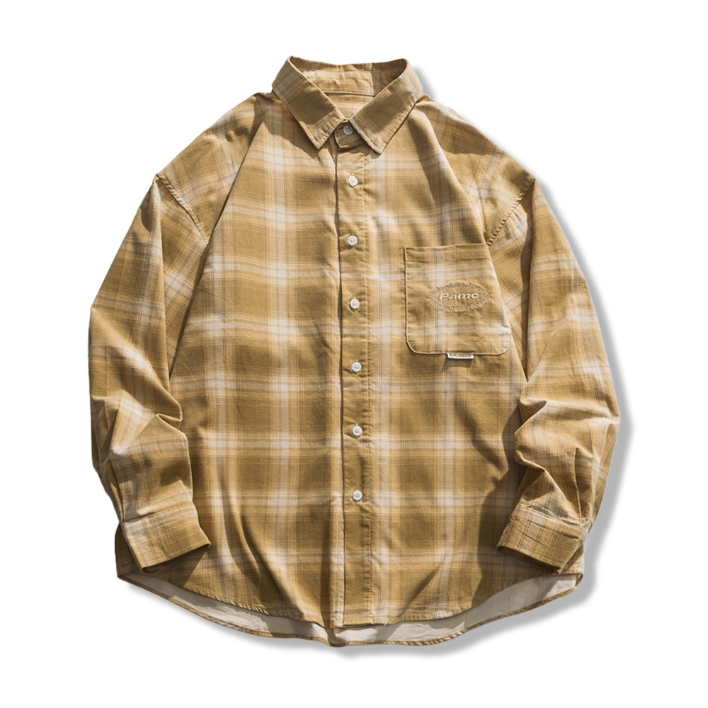 アメリカン無地チェック　 コーデュロイ刺繍シャツ