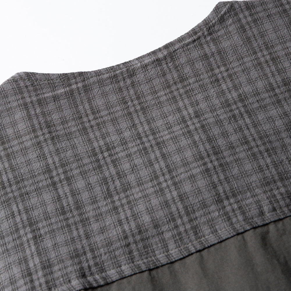 チェック柄切り替え　和風ノーカラーシャツ半袖