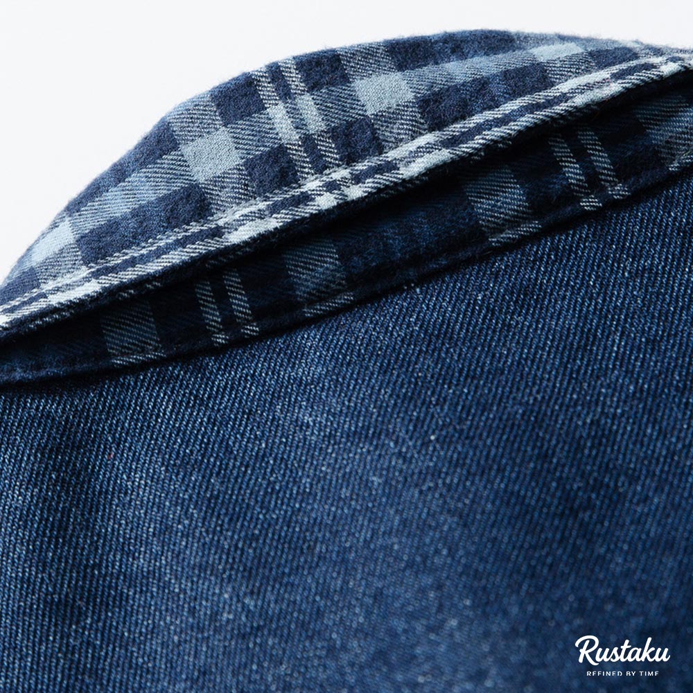 チェック切り替え折り襟デニムシャツ