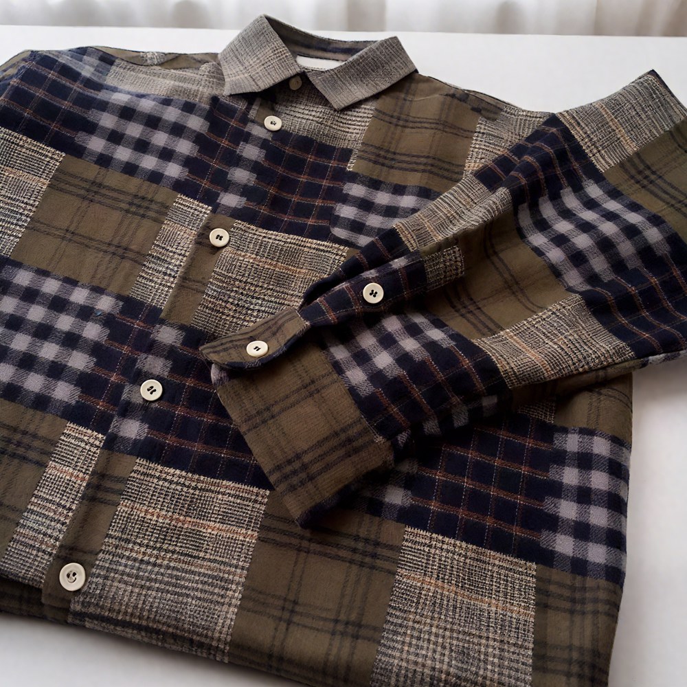 4種チェックパッチワーク風先染め長袖シャツ