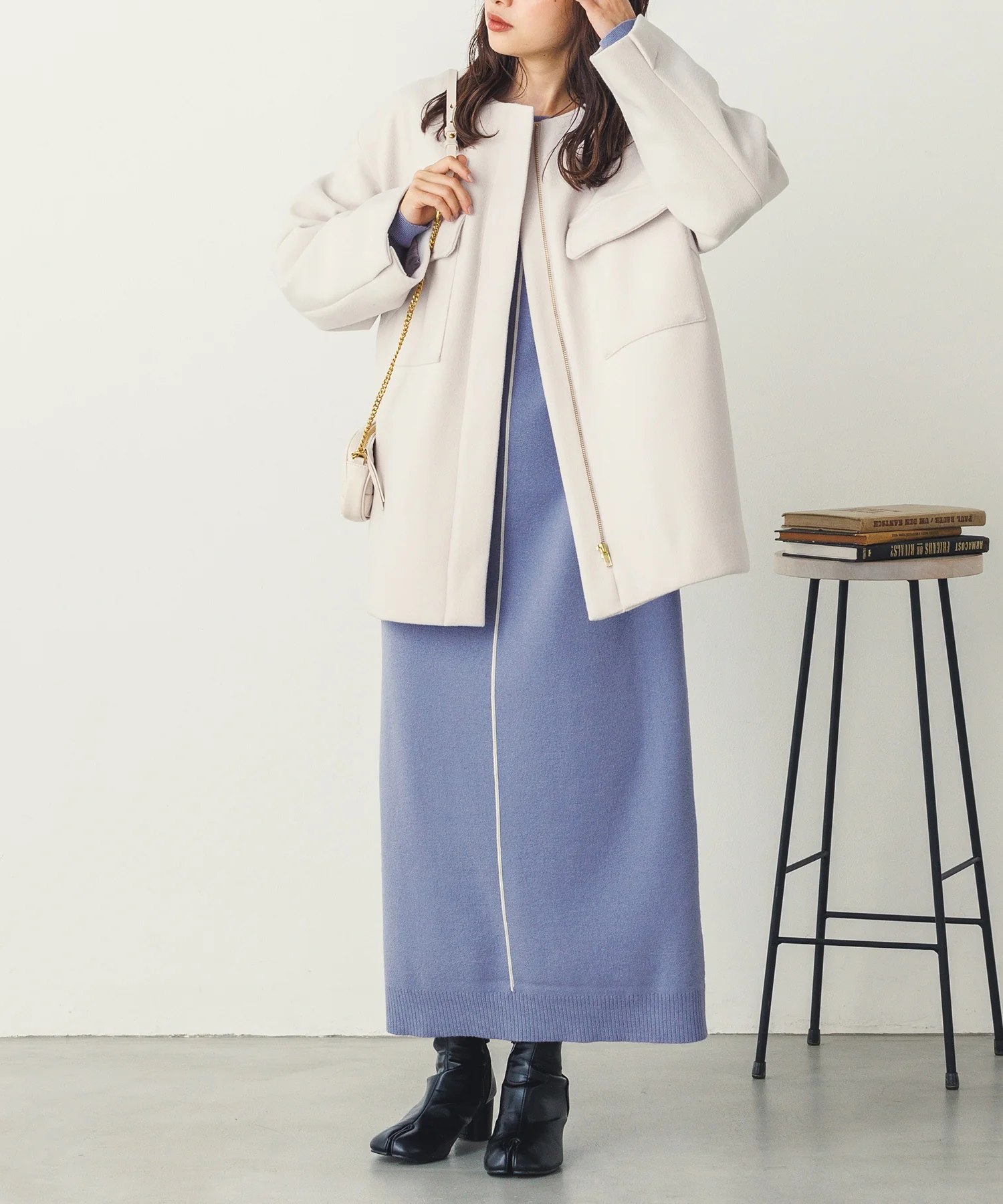 ウール混ノーカラーコート