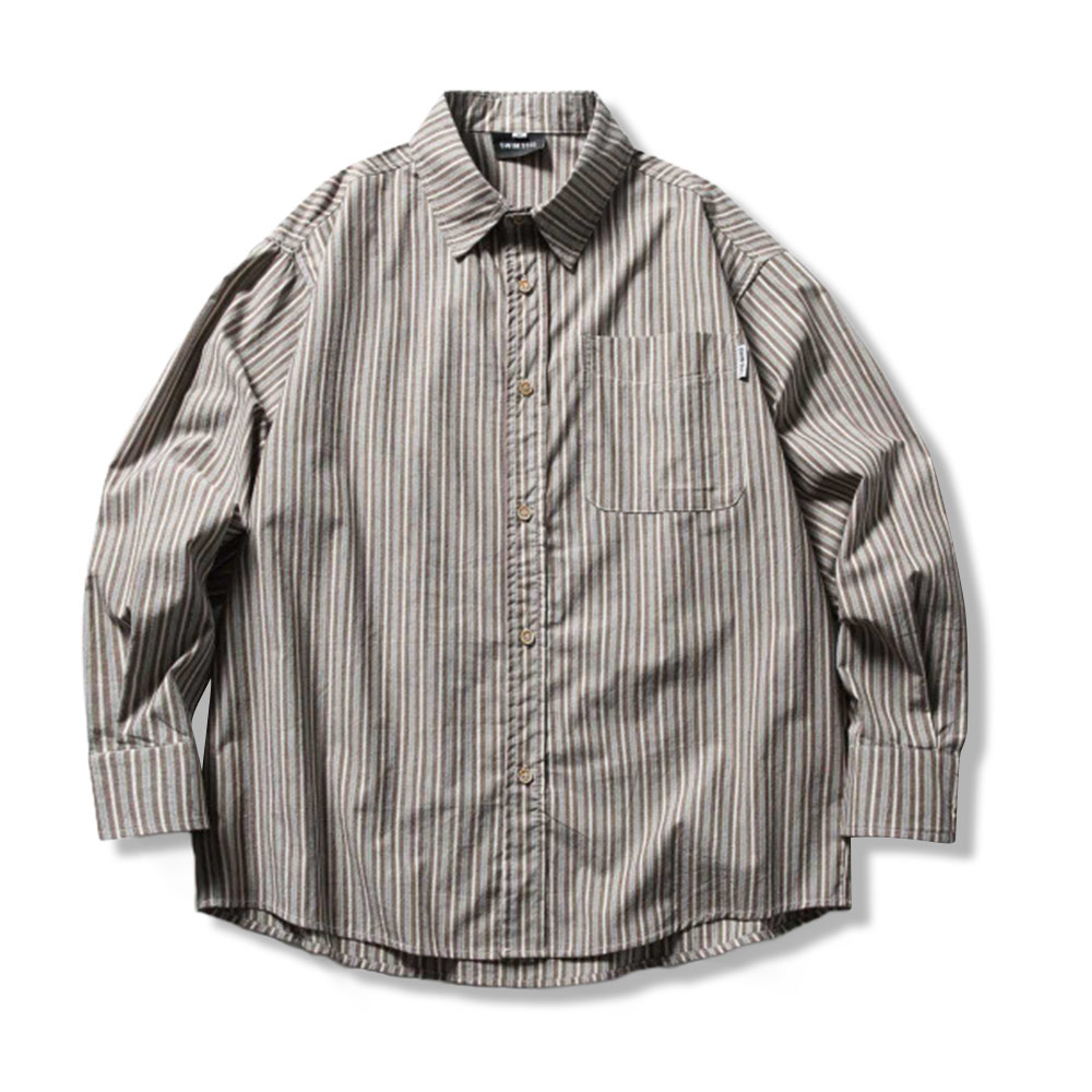 ノーアイロン防シワ　枯茶ストライプ柄　禅意風シャツ