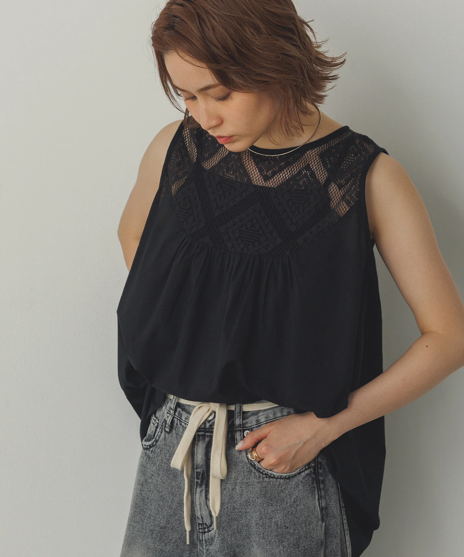 レース切替 ノースリーブブラウス