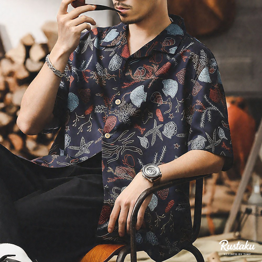 「潮干狩り」マリンモチーフプリント半袖シャツ