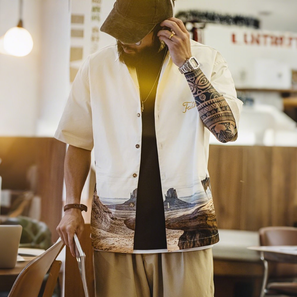 「モニュメントバレー・ライダー」軽量チェーンステッチ刺繍折り襟シャツ