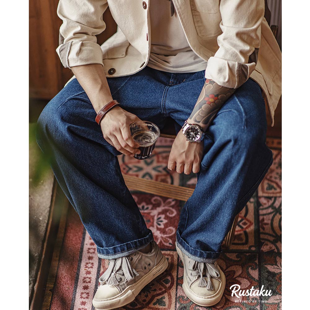 改良版ワーク風　タック入りゴムウエストテーパードデニム