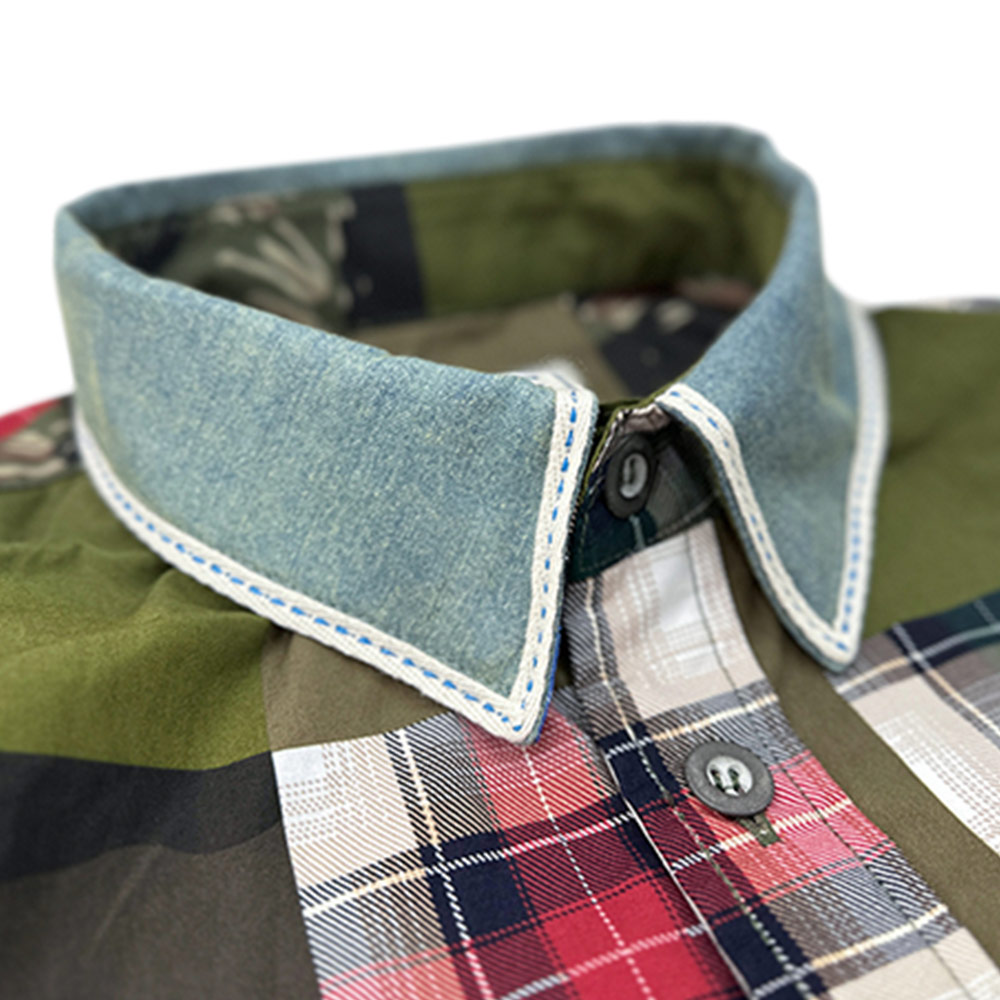 カモフラ＆チェック柄プリント長袖ワークシャツ