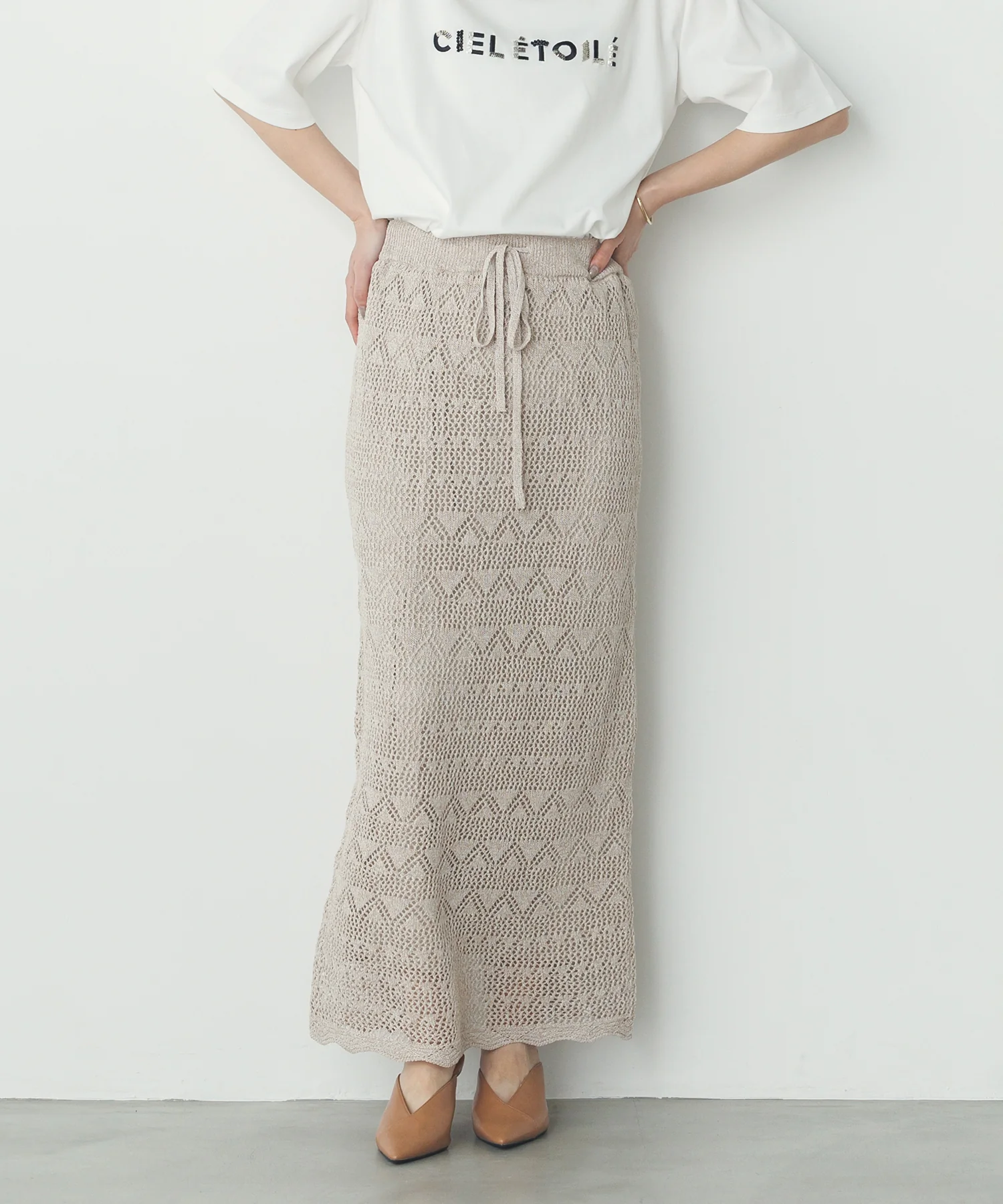 ペーパーヤーン 透かし編み ニットナロースカート
