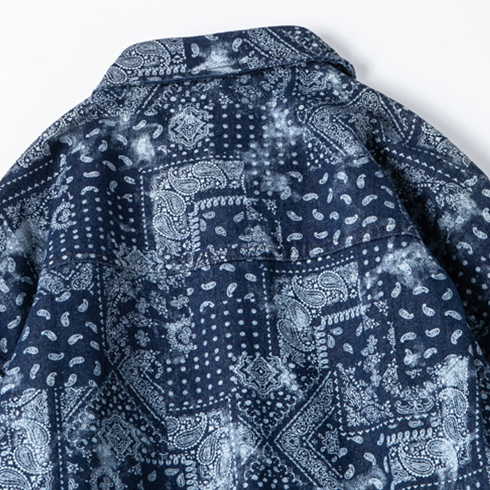 ソフトウォッシュドコットンデニムシャツ 　ペイズリー総柄プリント