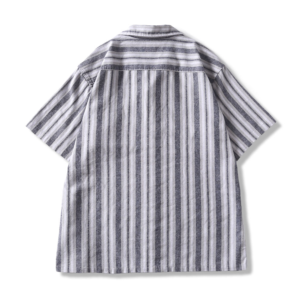 ヴィンテージ風リネンストライプ開襟シャツ半袖 