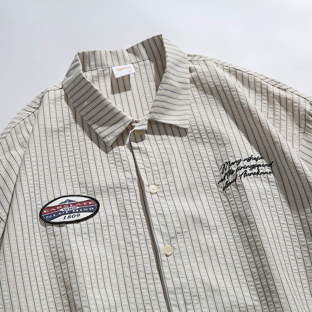 ストライプシアサッカー　刺繍ワッペン付きアメリカン長袖シャツ