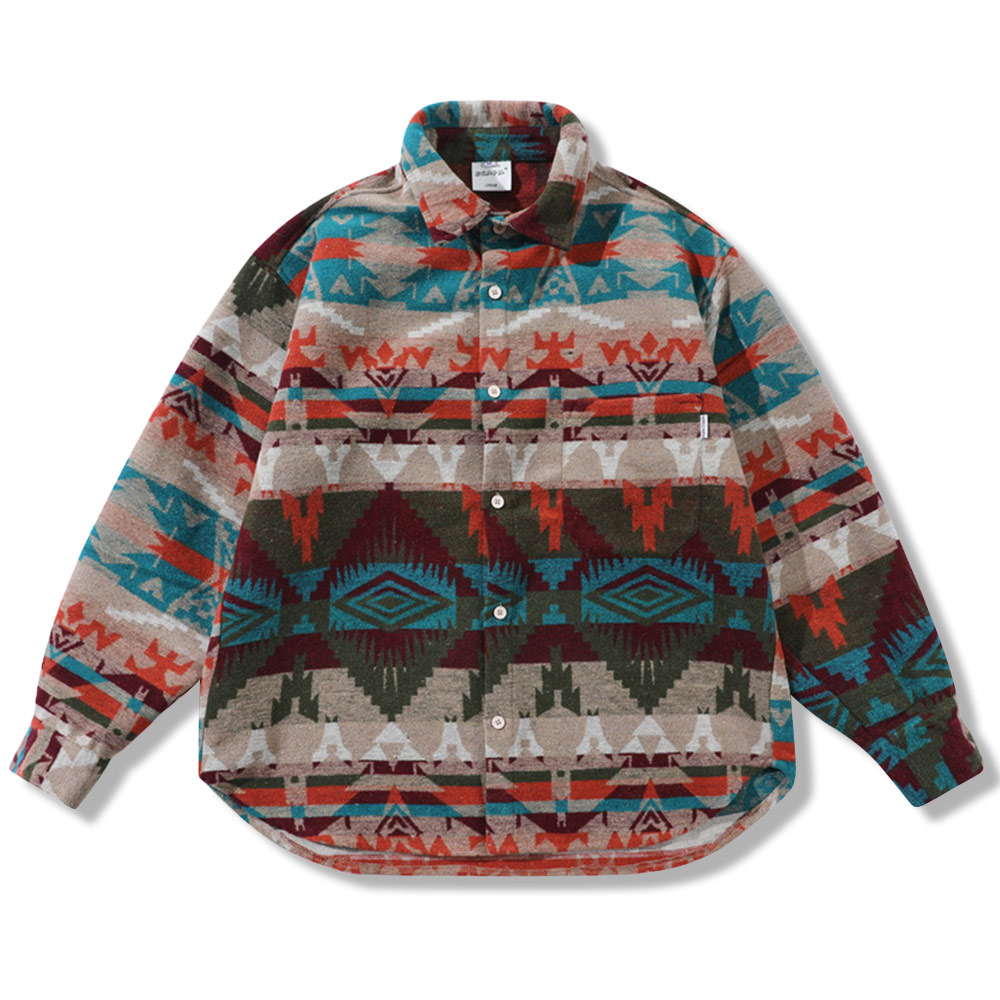 ナバホ柄民族風ジャカード長袖ラシャシャツ