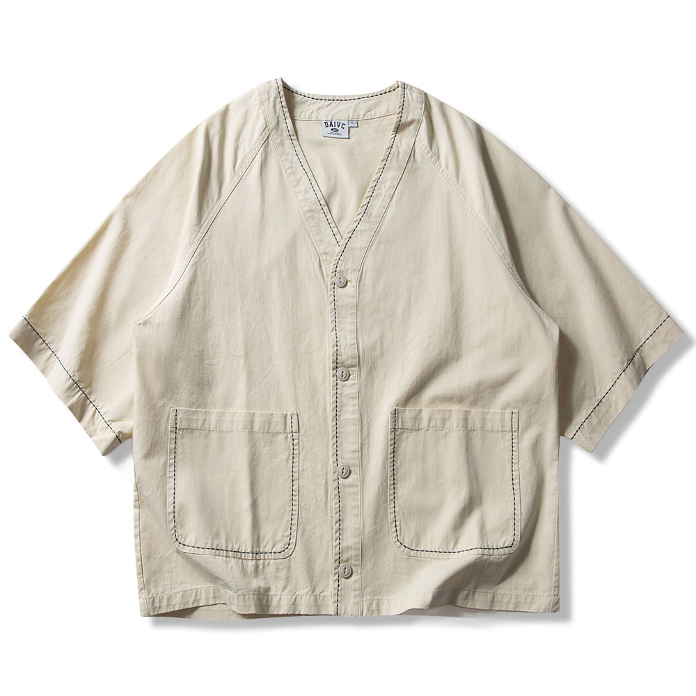 和風刺し子　ノーカラーラグランスリーブシャツ