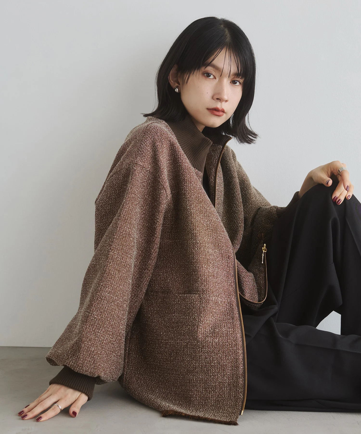 スタンドカラー ツィードブルゾン