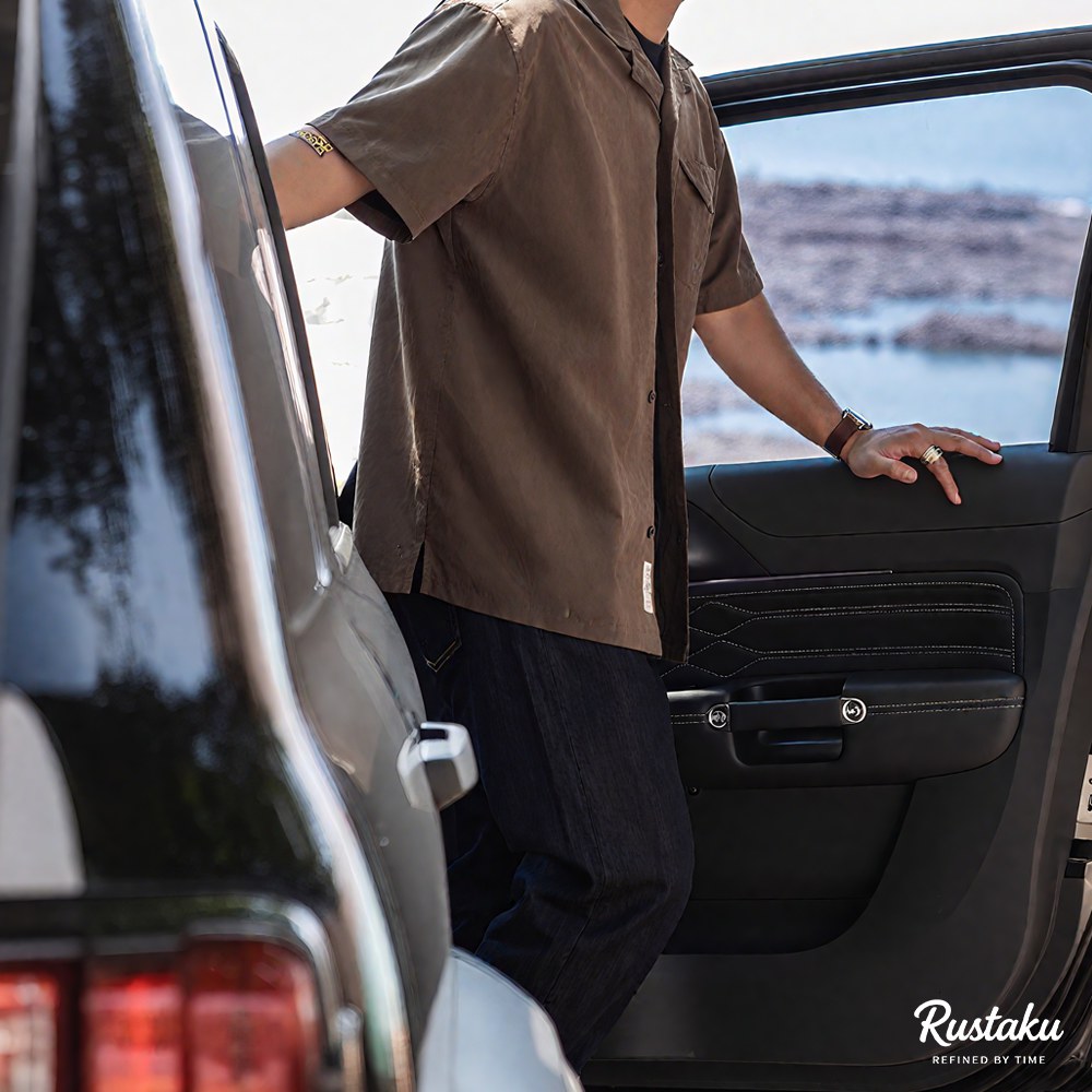 「ジャングルの掟」ブラックパンサー刺繍　ピーチスキン キューバカラーシャツ