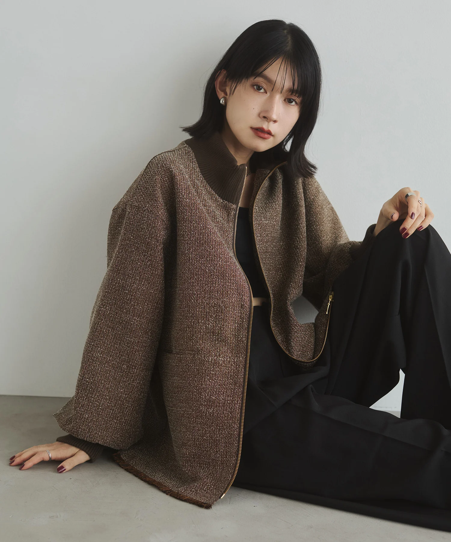 スタンドカラー ツィードブルゾン