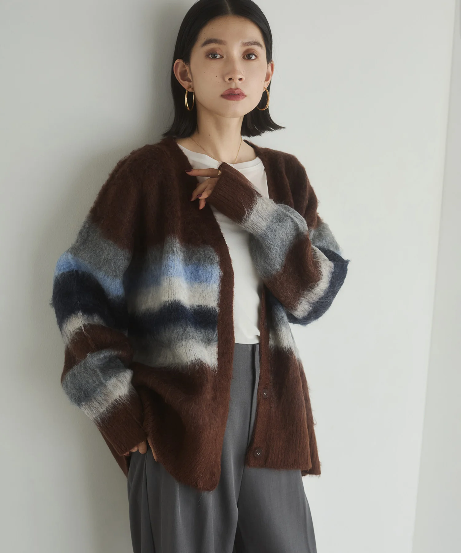 起毛シャギー ボーダーニットカーディガン