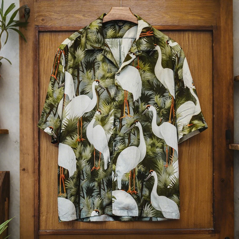 「松と鶴」プリント　シワ防止接触冷感開襟シャツ