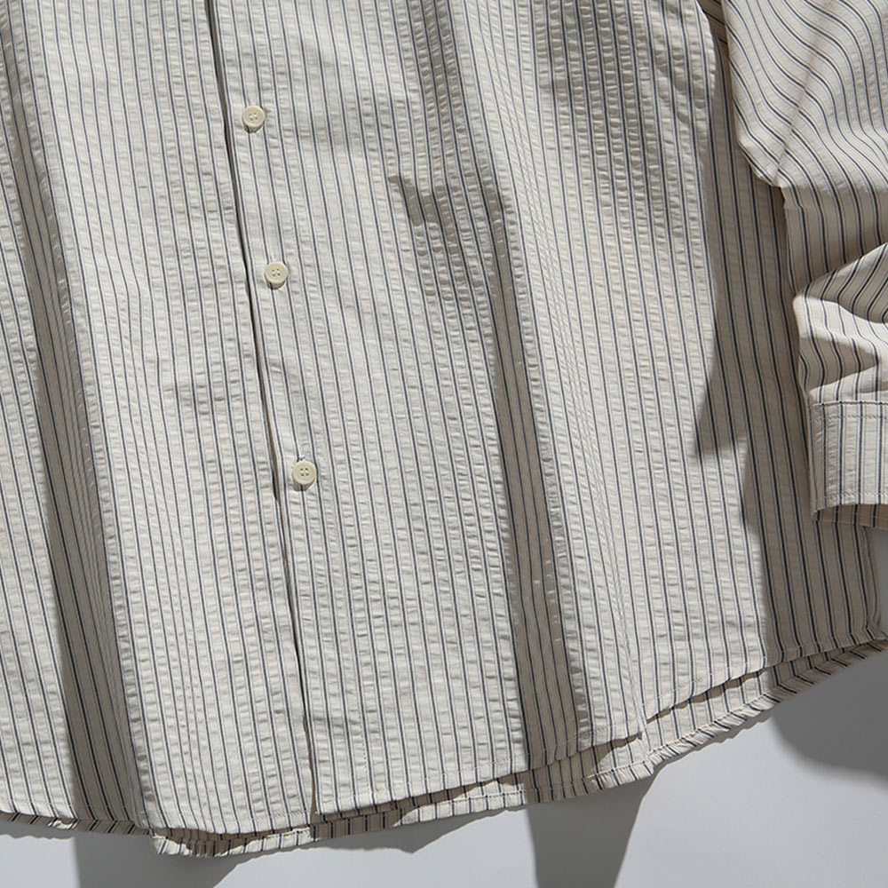 ストライプシアサッカー　刺繍ワッペン付きアメリカン長袖シャツ