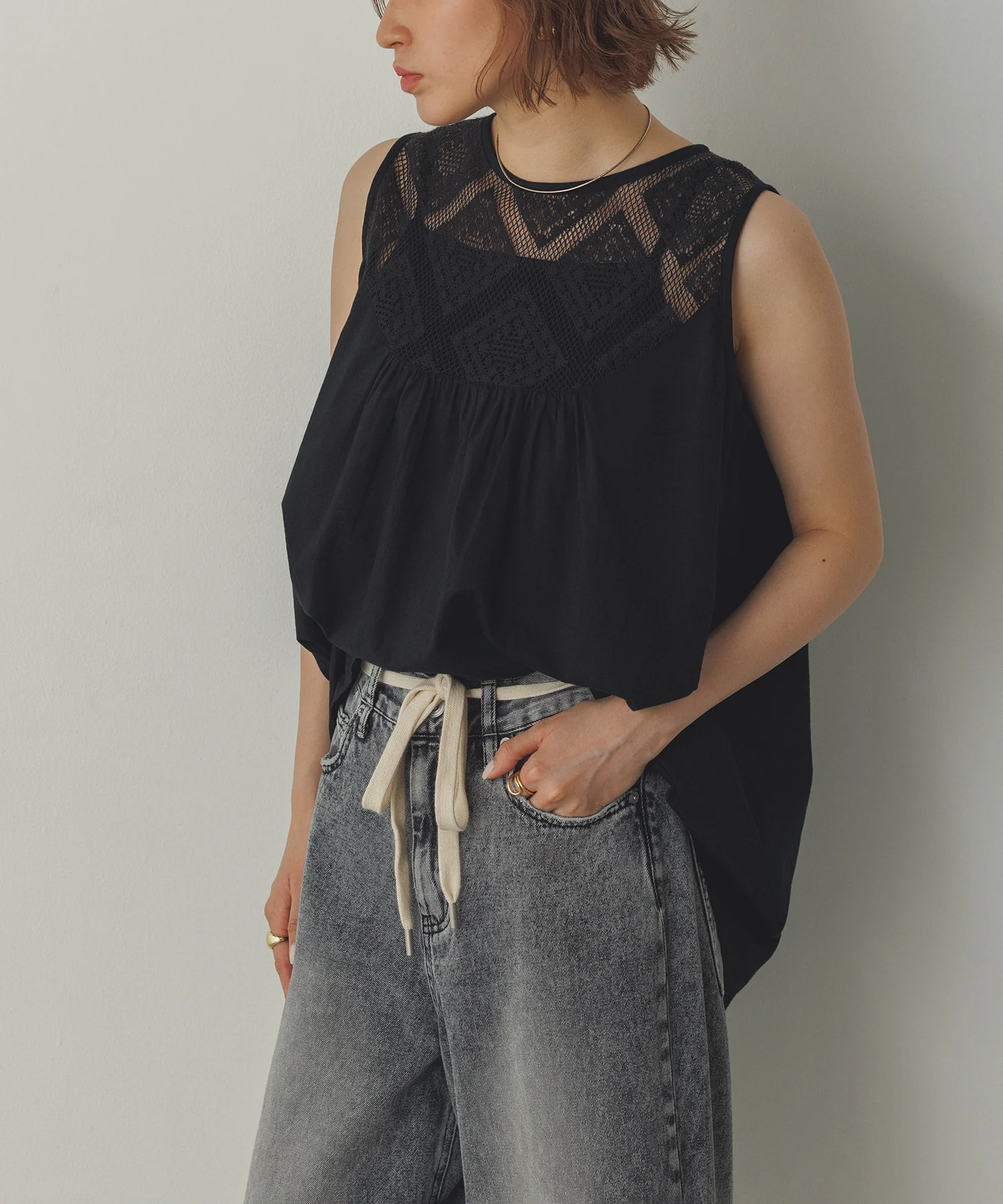 レース切替 ノースリーブブラウス