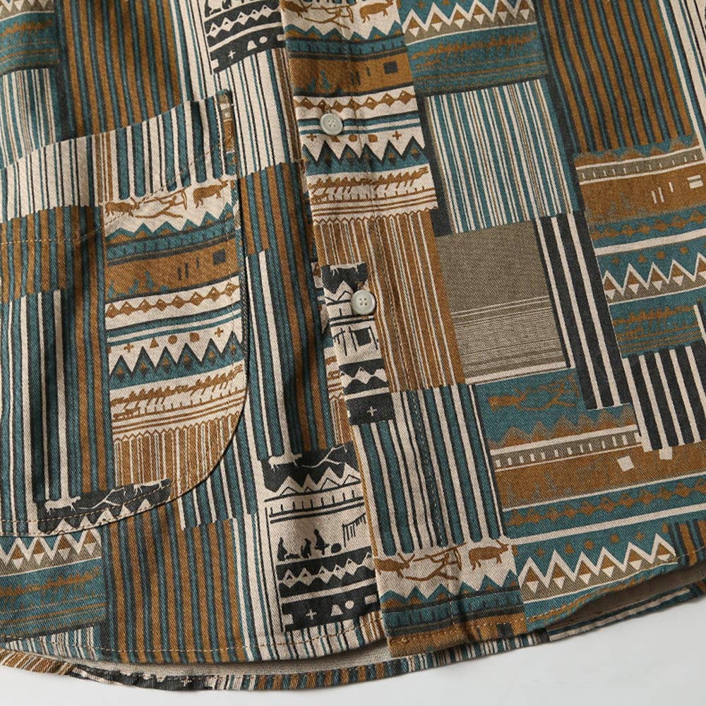 襤褸風エスニック柄パッチワークプリント　長袖シャツ