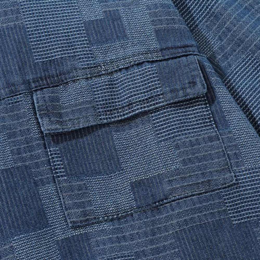 藍染めパッチワーク長袖デニムシャツ