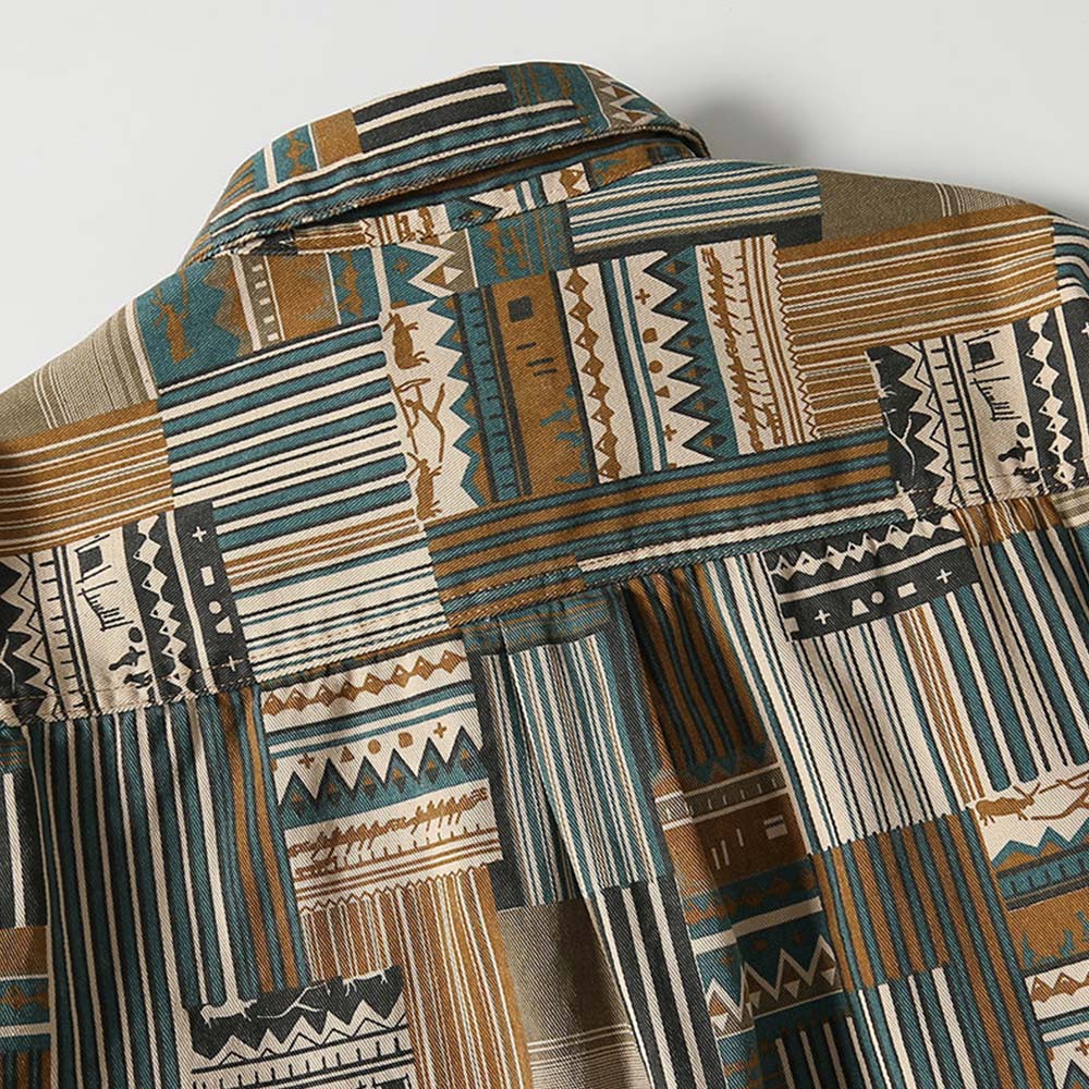 襤褸風エスニック柄パッチワークプリント　長袖シャツ