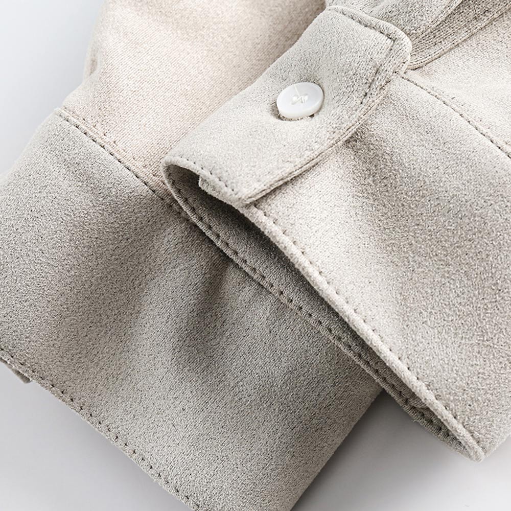 不規則なスエード配色切り替えパッチワーク長袖シャツ