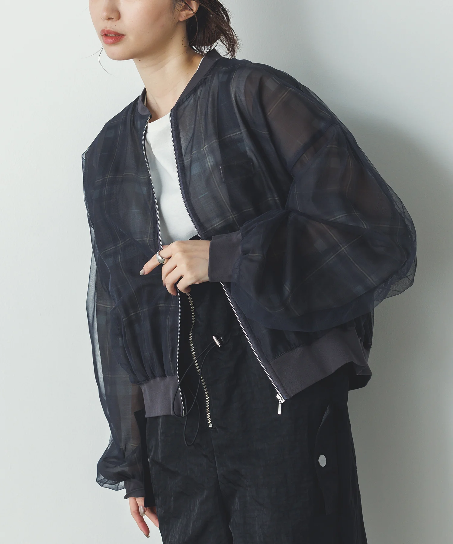 チュールシアー チェックブルゾン