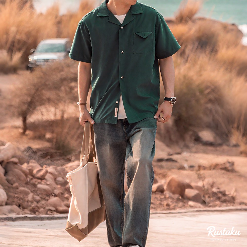 「ジャングルの掟」ブラックパンサー刺繍　ピーチスキン キューバカラーシャツ