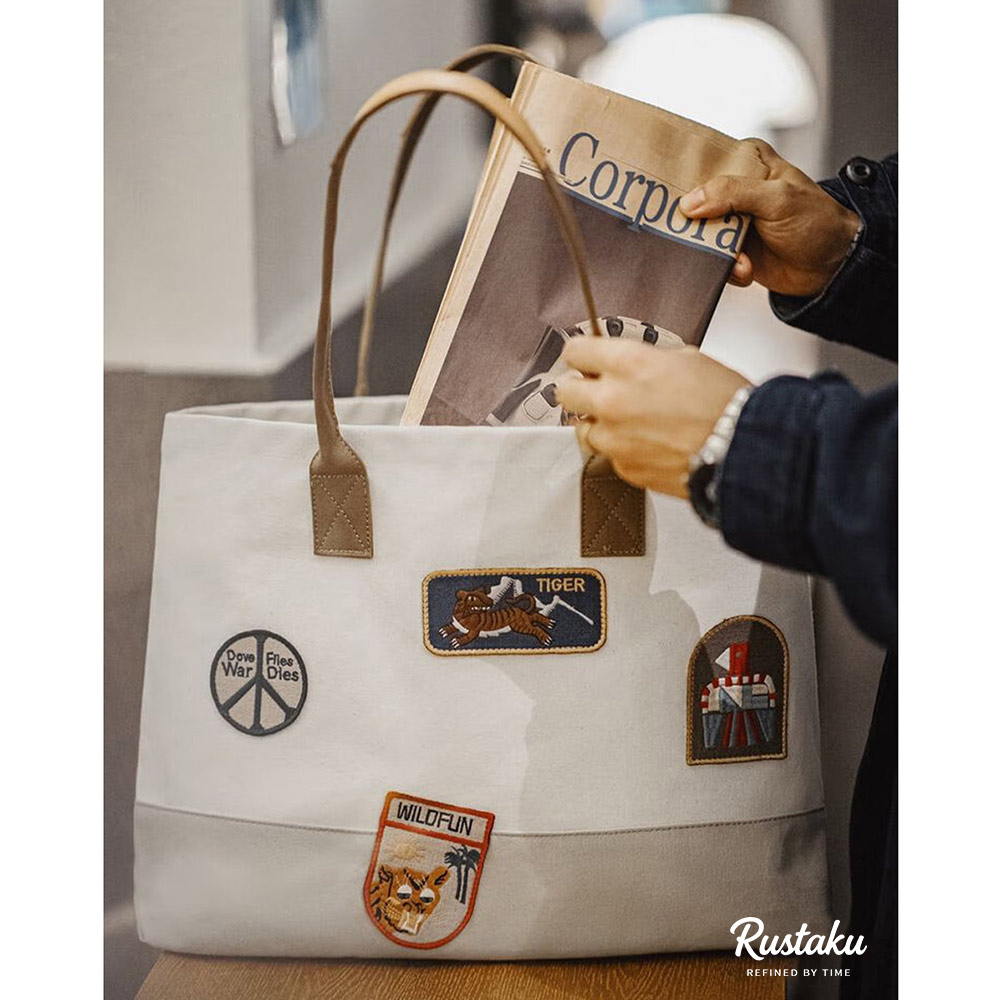 レトロ風刺繍ワッペン付き 　バイカラーキャンバストートバッグ