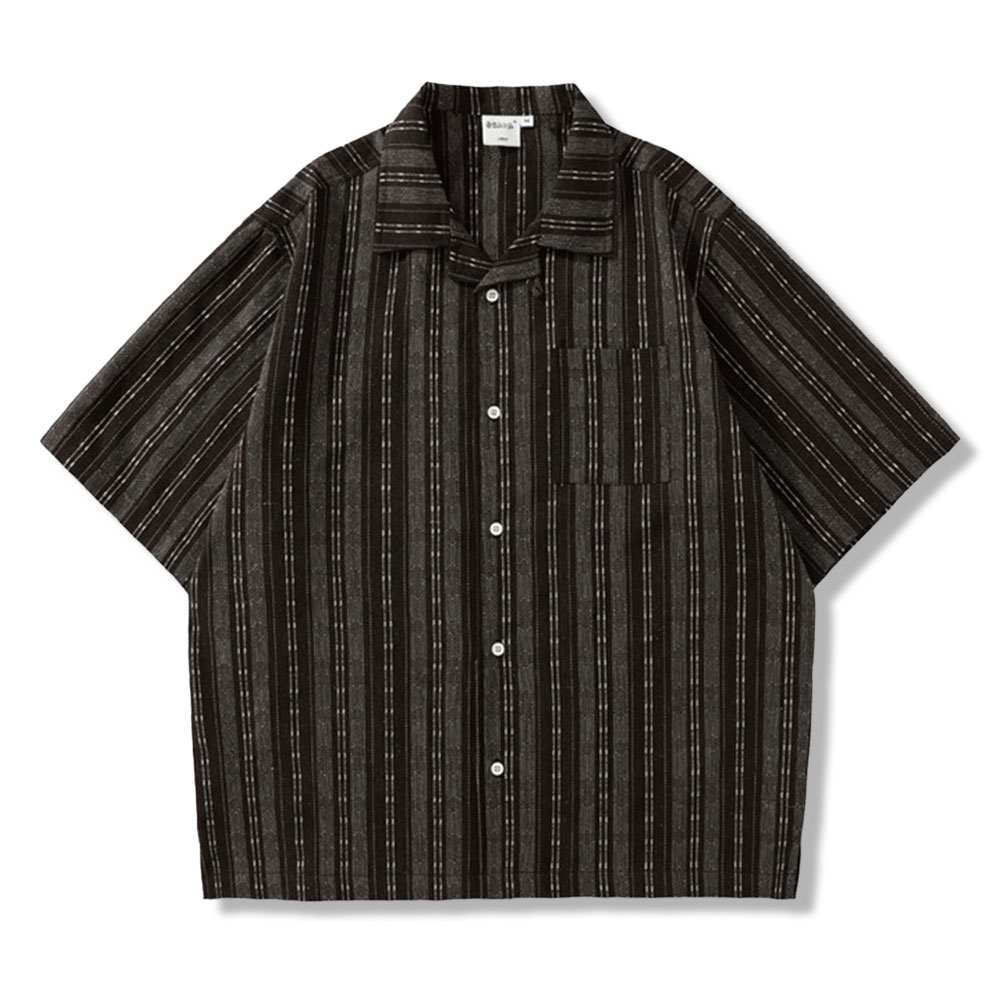リネンストライプ開襟シャツ 半袖