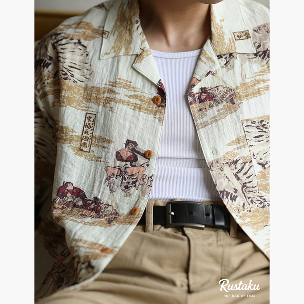 リネン混紡　浮世絵「侍の骸骨」総柄キューバシャツ